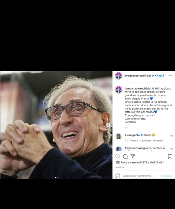 <p>Loredana Bert&egrave; ricorda Battiato con un gustoso aneddoto: &ldquo;Hai raggiunto Milva in cos&igrave; poco tempo, un&rsquo;altra grandissima perdita per la musica. Buon viaggio Franco. Oltre al genio ricordo la tua grande ironia e sono sicura che un&rsquo;immagine di me la porterai sempre con te: le mie tette sul volo per Mosca. Condoglianze ai tuoi cari. Con tanto affetto, Loredana&rdquo;.</p>
