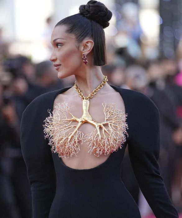<p>Il red carpet di <strong>Cannes 2021</strong> &egrave; la passerella su cui la supermodella concorre per il look pi&ugrave; audace e originale di questa edizione. Long dress nero aderente di <strong>Schiaparelli Haute Couture</strong>, con maxi spalline e, soprattutto, un <strong>maxi pendente dorato</strong> a coprirle il decollet&eacute;, con la forma di un albero rovesciato, dei polmoni, di un ramo di coralli&hellip;? A noi l&rsquo;interpretazione.</p>
