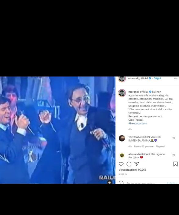 <p>&ldquo;Lui non apparteneva alla nostra categoria, cantanti, cantautori, musicisti. Lui era un extra, fuori dal coro, straordinario, un genio assoluto, indefinibile&hellip; Che cosa rester&agrave; di noi, del transito terrestre...<br />
Resterai per sempre con noi. Ciao Franco!&rdquo;: nel saluto del cantante di Monghidoro anche il ritornello di Che cosa rester&agrave; di me, brano scritto da Battiato e inserito nell&rsquo;album Dalla/Morandi del 1988.</p>
