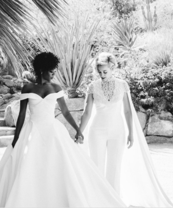 <p>Meritano considerazione anche gli abiti indossati dall&rsquo;attrice Samira Wiley e la scrittrice e autrice Lauren Morelli nel giorno del loro matrimonio, celebrato a Palm Springs nel 2017. Sono entrambi firmati<strong> Christian Siriano </strong>e sono bellissimi entrambi, pur nella loro diversit&agrave;.</p>
