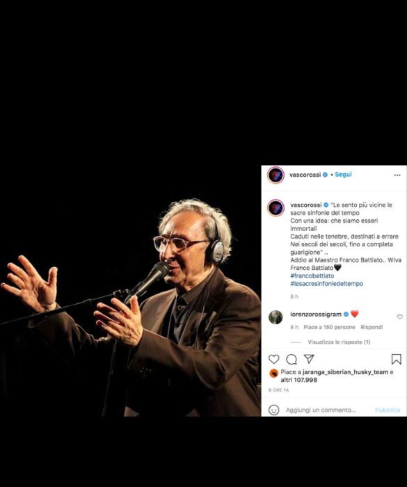 <p>Vasco Rossi saluta Battiato citando i primi versi del brano &ldquo;Le sacre sinfonie del tempo": "Le sento pi&ugrave; vicine le sacre sinfonie del tempo/Con una idea: che siamo esseri immortali/Caduti nelle tenebre, destinati a errare/Nei secoli dei secoli, fino a completa guarigione".</p>
