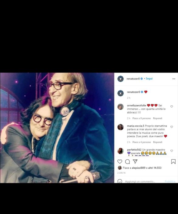 <p>&ldquo;Solo&rdquo; un cuore per Renato Zero, ad accompagnare una foto che lo ritrae abbracciato al Maestro. Due innovatori, che si stimavano reciprocamente. &ldquo;Sei nel cuore per sempre! Renato&rdquo;, aveva scritto poco prima in un altro post.</p>
