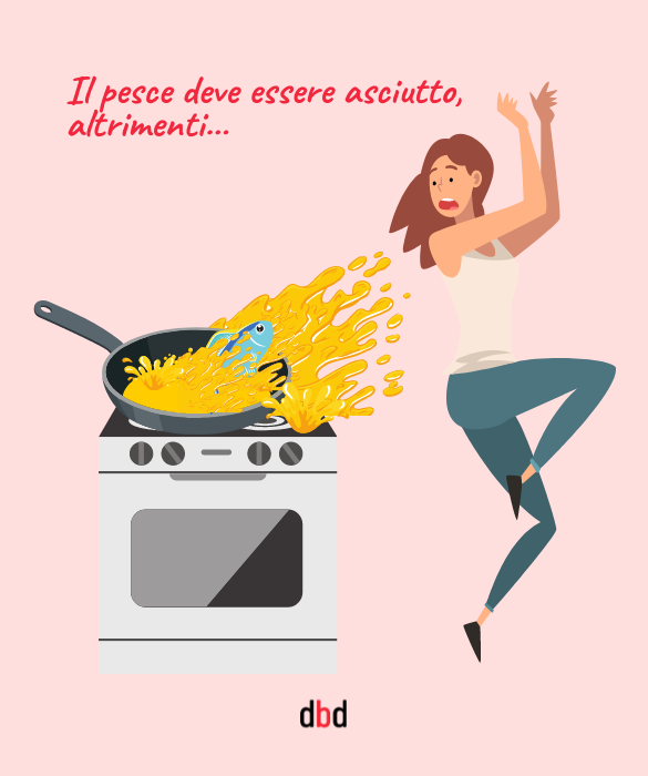 <p>Quando infarinate il pesce, questo deve essere pulito, ovviamente, ma anche <strong>asciutto</strong>, altrimenti vi scoppia l&rsquo;olio in faccia e non ridiamo pi&ugrave;.</p>

