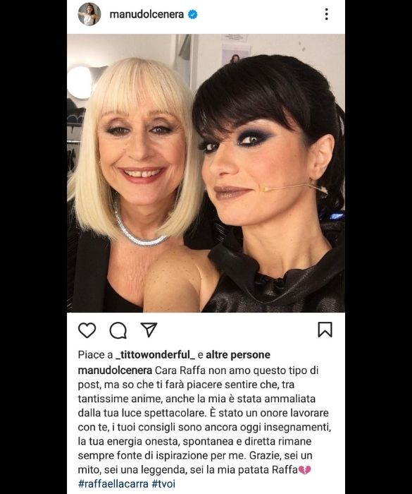 <p><strong>Dolcenera</strong> ha ripensato ai momenti trascorsi con la cantante e showgirl durante The Voice of Italy, e agli insegnamenti che quell&rsquo;esperienza vissuta insieme le ha trasmesso: &ldquo;Tra tantissime anime, anche la mia &egrave; stata ammaliata dalla tua luce spettacolare. &Egrave; stato un onore lavorare con te, i tuoi consigli sono ancora oggi insegnamenti, la tua energia onesta, spontanea e diretta rimane sempre fonte di ispirazione per me. Grazie, sei un mito, sei una leggenda&rdquo;.</p>
