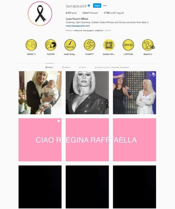 <p><strong>Laura Pausini</strong> ha deciso di vestire a lutto il suo profilo instagram, per rendere omaggio &ldquo;all'unica regina&rdquo;. Una riga di foto nere, tre immagini rosa per comporre il messaggio &ldquo;Ciao Regina Raffaella&rdquo; e infine una frase: &ldquo;Sei stata, sei e sarai l&rsquo;unica regina. Per me, per tutto il mondo&rdquo;.</p>
