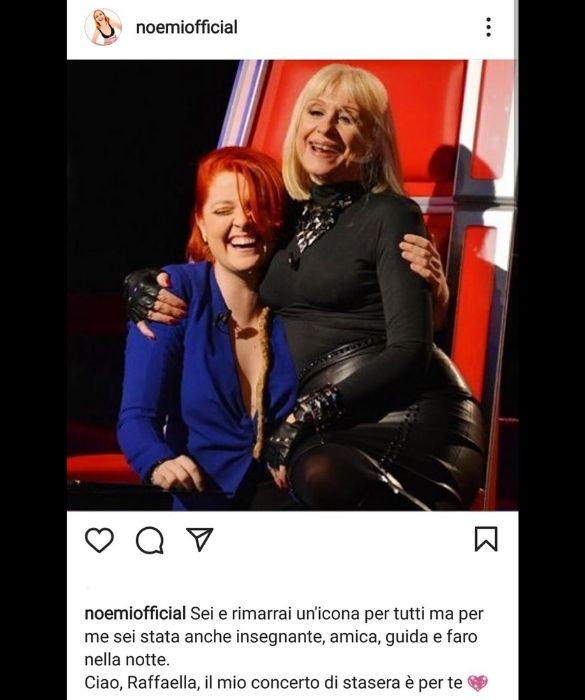 <p>&Egrave; soprattutto gratitudine quella che esprime <strong>Noemi</strong>, che ha deciso di salutare, dedicandole anche un concerto:<br />
&ldquo;Sei e rimarrai un'icona per tutti ma per me sei stata anche insegnante, amica, guida e faro nella notte.<br />
Ciao, Raffaella, il mio concerto di stasera &egrave; per te&rdquo;.</p>
