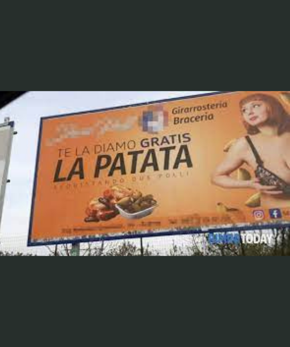 <p>Doppio senso sessuale, accompagnato da una donna con un seno prosperoso in reggiseno, utilizzato per promuovere una nuova braceria nella citt&agrave; di Aversa.&nbsp;</p>
