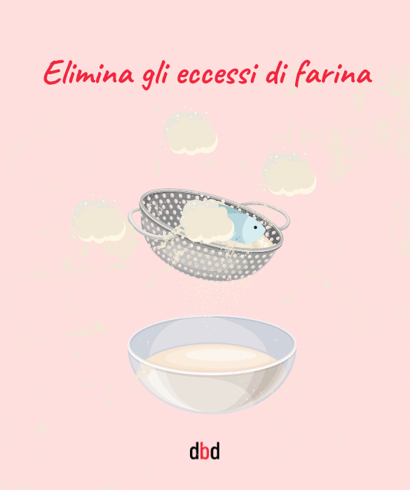 <p>Una volta infarinato il pesce, abbiate cura di &lsquo;<strong>sbatterlo</strong>&rsquo; un pochino in un colapasta per eliminare l&rsquo;<strong>eccesso di farina</strong>, altrimenti vanificate tutti gli step precedenti rovinando l&rsquo;olio e trovando in esso tutti detriti bruciati e amari, come la nostra vita.</p>
