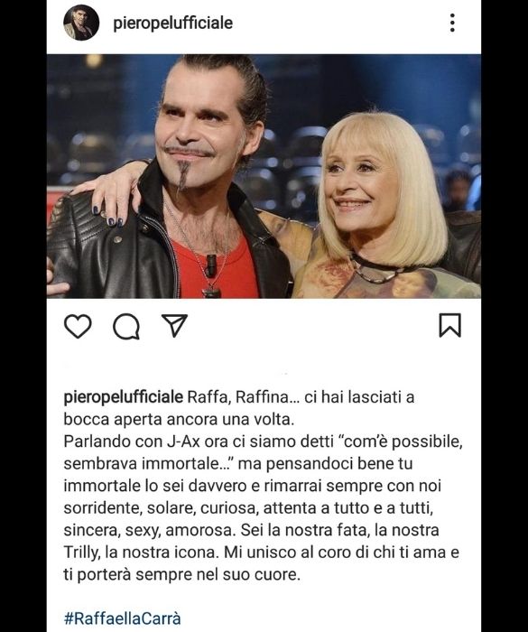 <p>Sulle celebri poltrone di The Voice of Italy, insieme con la Raffa Nazionale, sedeva anche <strong>Piero Pel&ugrave;</strong>, che saluta Raffaella Carr&agrave; con un&rsquo;immagine di loro due insieme, convinto che questa non sar&agrave; mai una separazione definitva: &ldquo;Parlando con <a href=