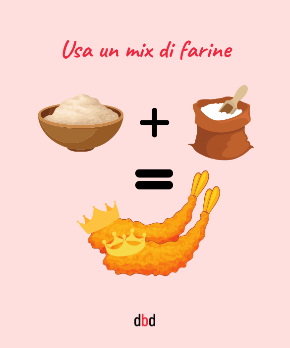 <p>Io friggo utilizzando un <strong>mix di farine</strong>, quindi pure voi, farina classica e farina di riso sono le pi&ugrave; indicate per far venire una frittura croccantina come i vostri appuntamenti falliti.</p>
